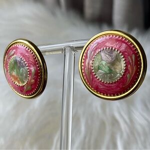 Vintage | Swirl Enameled Elegant Pink and Green Pierced Earrings Timeless Charm